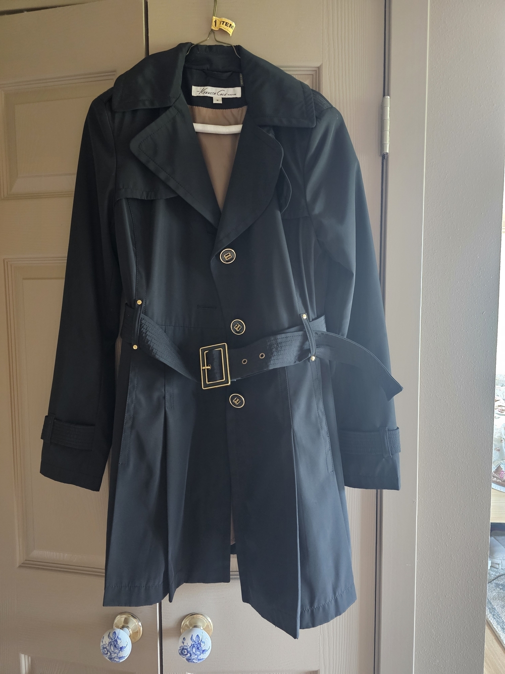 Kenneth Cole New York Black Rain Trench Coat with Gold Hardware and Belt